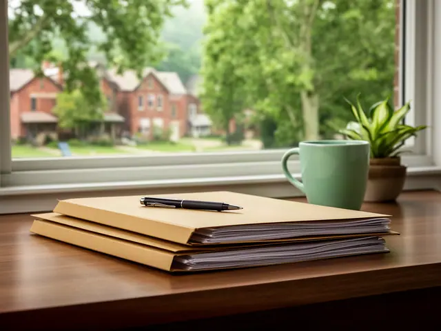 A neat stack of closed manila folders and a pen on a desk by a window.