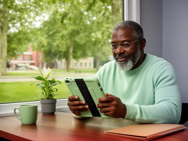 A man reviewing a tablet at a desk in a small back office.