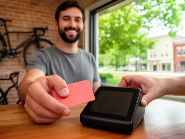 A customer taps a coral card on a counter terminal at a bicycle shop.