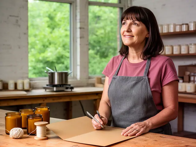 A smiling candle maker in a gray apron at a worktable with amber candle jars and a closed folder.